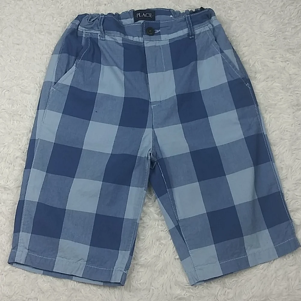 Children's Place Boy's Blue Checkered Adjustable Waist Zip Up Bermuda Shorts